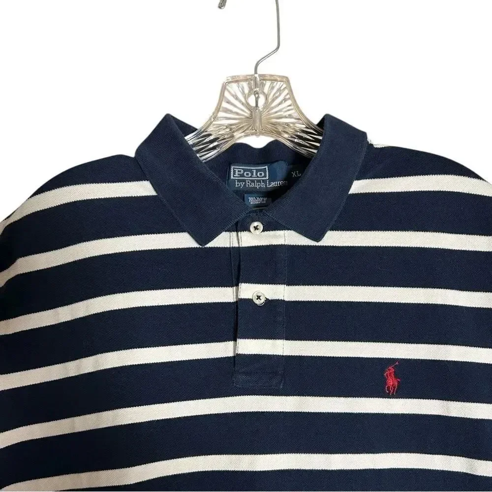 Ralph Lauren Mens Navy Blue and White Striped Polo Shirt